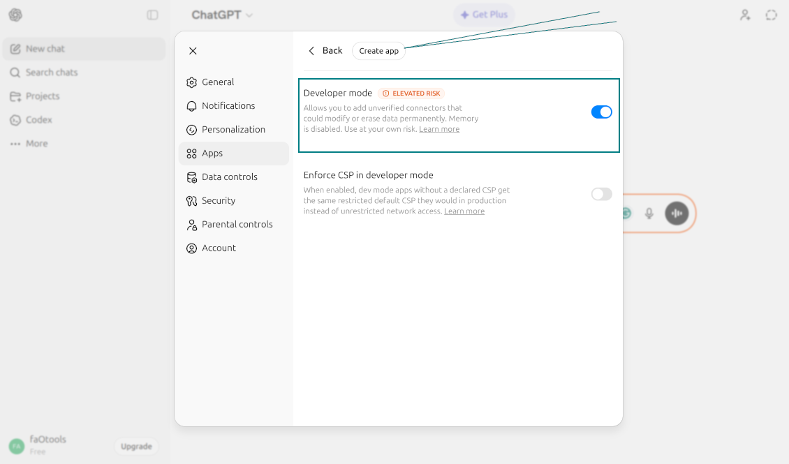 ChatGPT settings interface with the 'Developer mode' toggle turned on, allowing the addition of unverified connectors and custom apps.